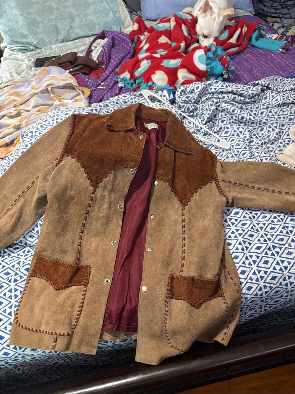 Vintage-Inspired Brown Suede Patchwork Jacket - Women Lrg